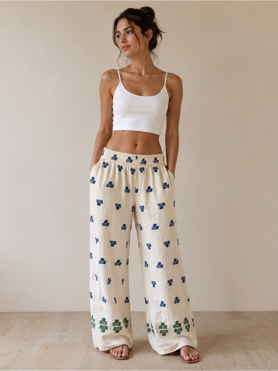 Zara Pants - Zara Embroidered Cropped Pants – White Blue & Green Floral Print – Size Medium